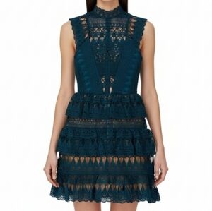 Self Portrait Women's Dress Teal Turquoise Size 2 Teardrop Guipure Tiered Lace